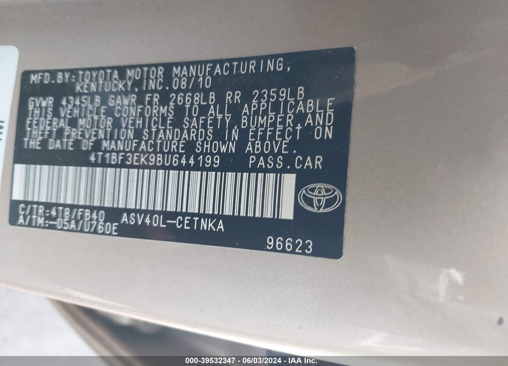 2011 TOYOTA CAMRY LE VIN: 4T1BF3EK9BU644199