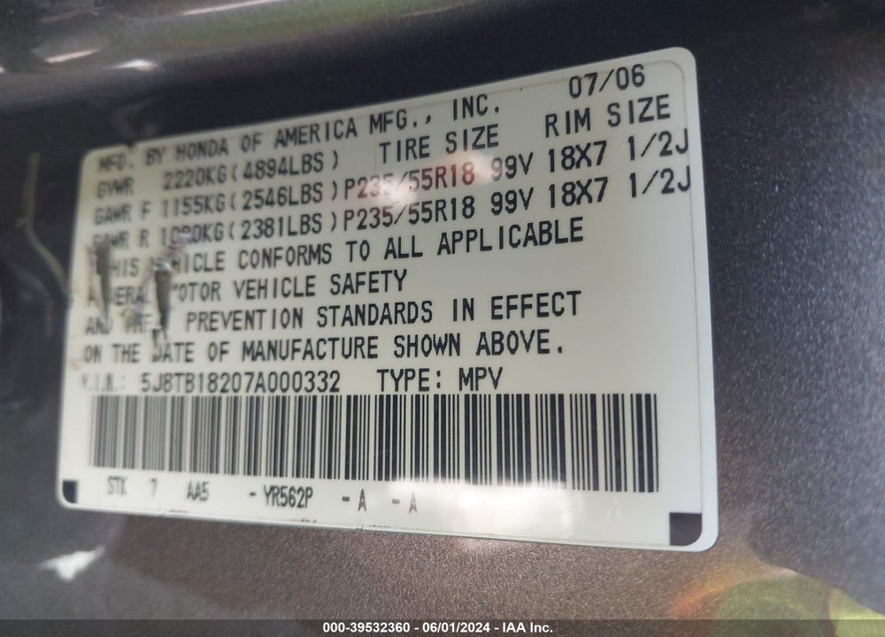 2007 ACURA RDX VIN: 5J8TB18207A000332