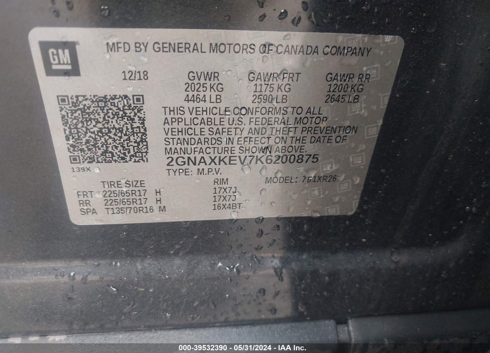 2019 CHEVROLET EQUINOX LT VIN: 2GNAXKEV7K6200875