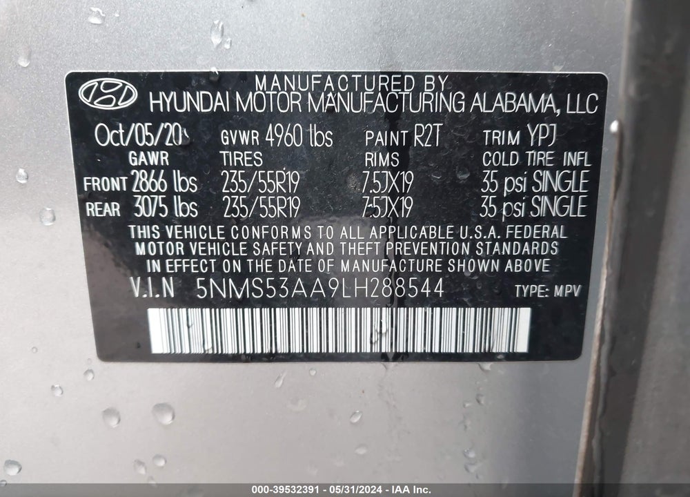 2020 HYUNDAI SANTA FE LIMITED 2.0T VIN: 5NMS53AA9LH288544