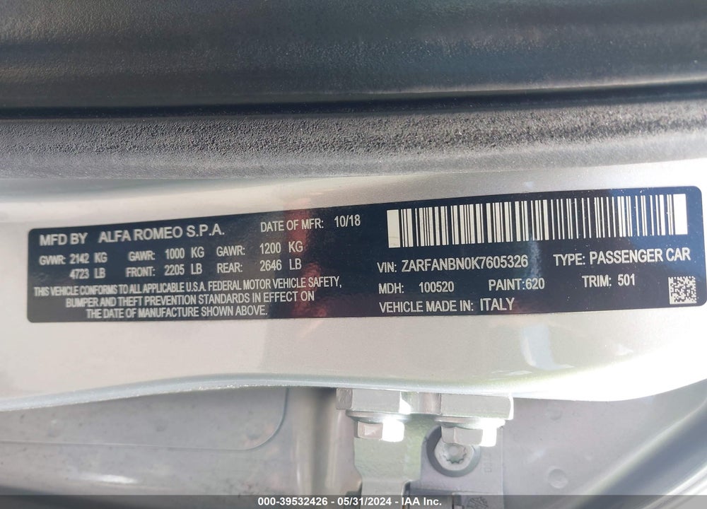 2019 ALFA ROMEO GIULIA TI LUSSO AWD VIN: ZARFANBN0K7605326