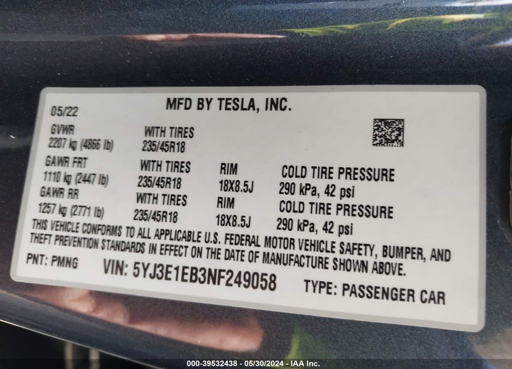 2022 TESLA MODEL 3 LONG RANGE DUAL MOTOR ALL-WHEEL DRIVE VIN: 5YJ3E1EB3NF249058