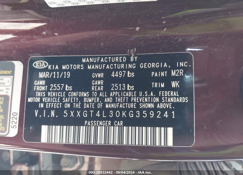 2019 KIA OPTIMA LX VIN: 5XXGT4L30KG359241