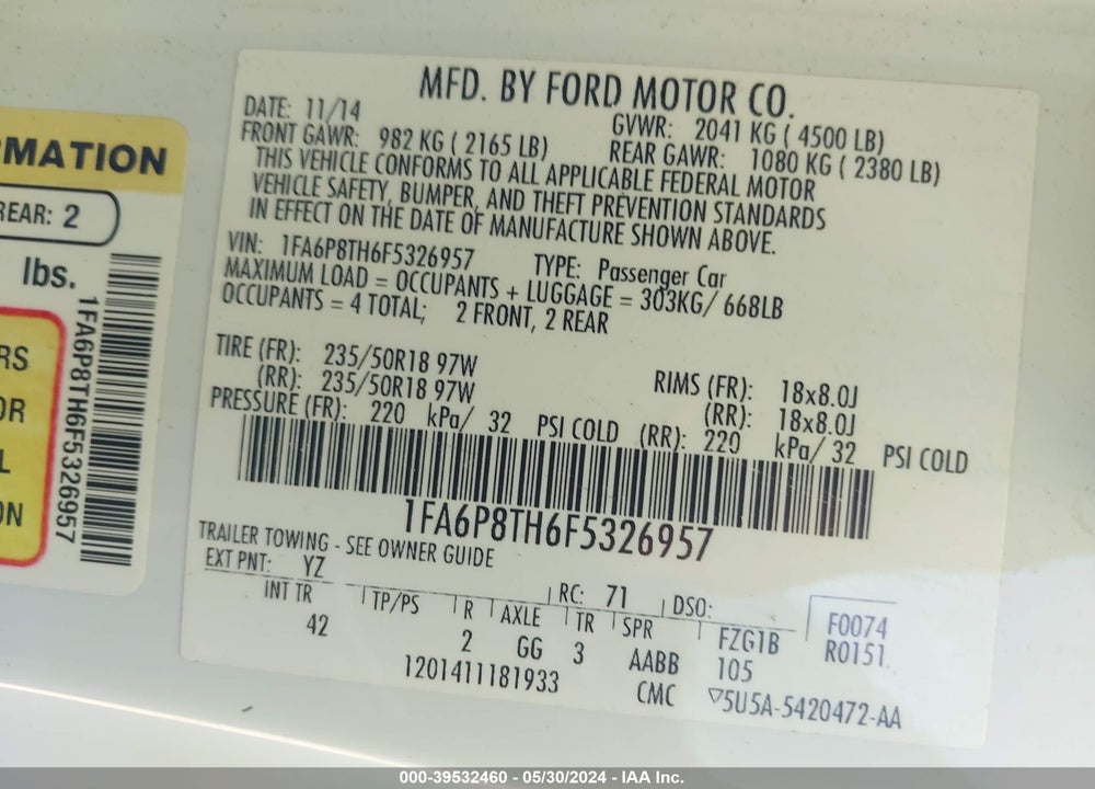 2015 FORD MUSTANG ECOBOOST VIN: 1FA6P8TH6F5326957