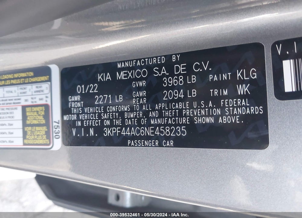 2022 KIA FORTE GT VIN: 3KPF44AC6NE458235