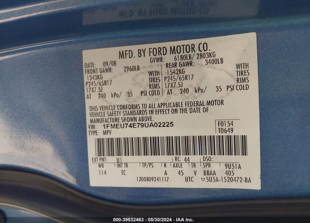 2009 FORD EXPLORER VIN: 1FMEU74E79UA02225