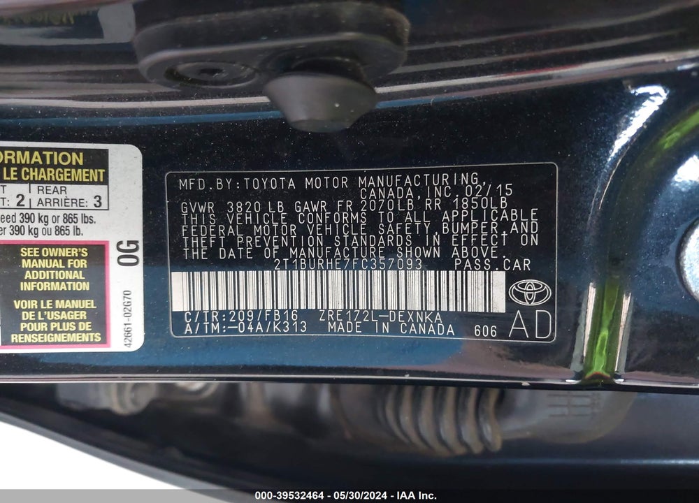 2015 TOYOTA COROLLA LE VIN: 2T1BURHE7FC357093