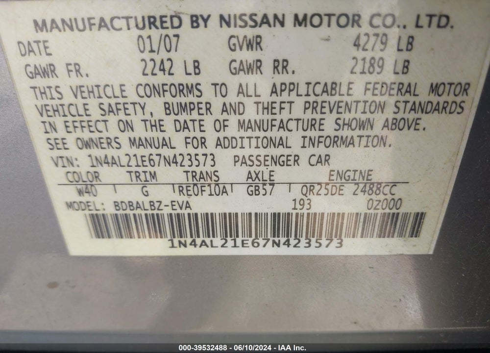 2007 NISSAN ALTIMA 2.5 S VIN: 1N4AL21E67N423573