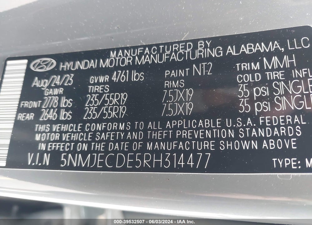 2024 HYUNDAI TUCSON LIMITED VIN: 5NMJECDE5RH314477