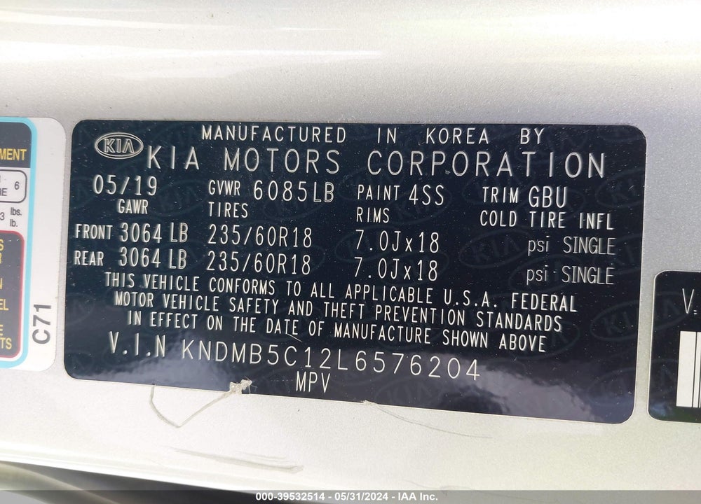 2020 KIA SEDONA EX VIN: KNDMB5C12L6576204