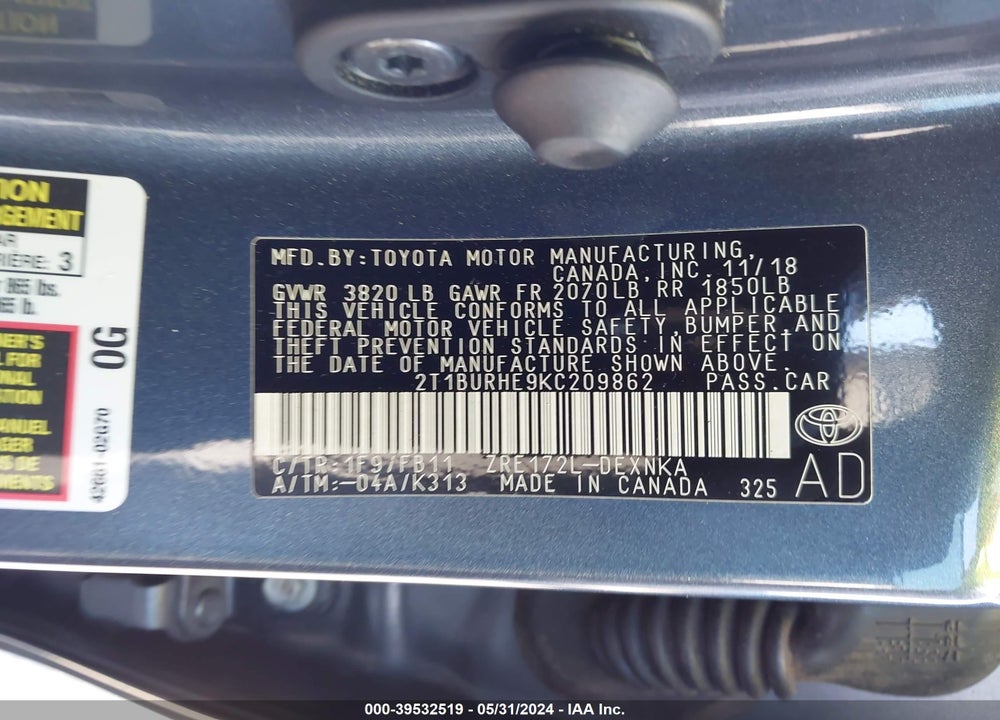 2019 TOYOTA COROLLA LE VIN: 2T1BURHE9KC209862