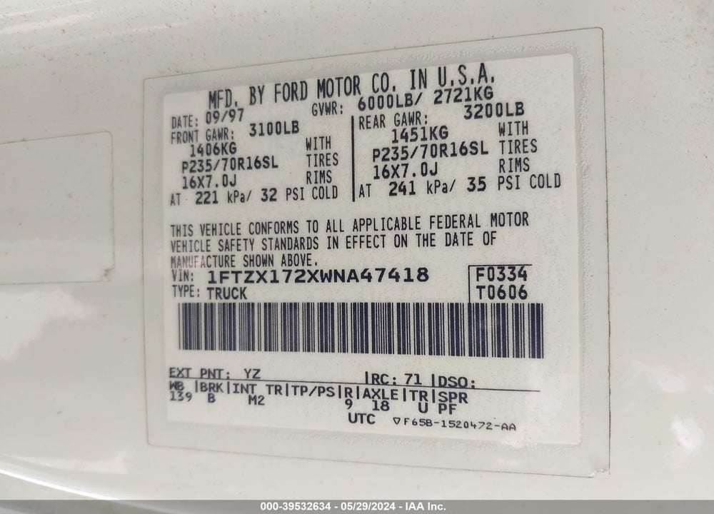 1998 FORD F-150 STANDARD/XL/XLT VIN: 1FTZX172XWNA47418