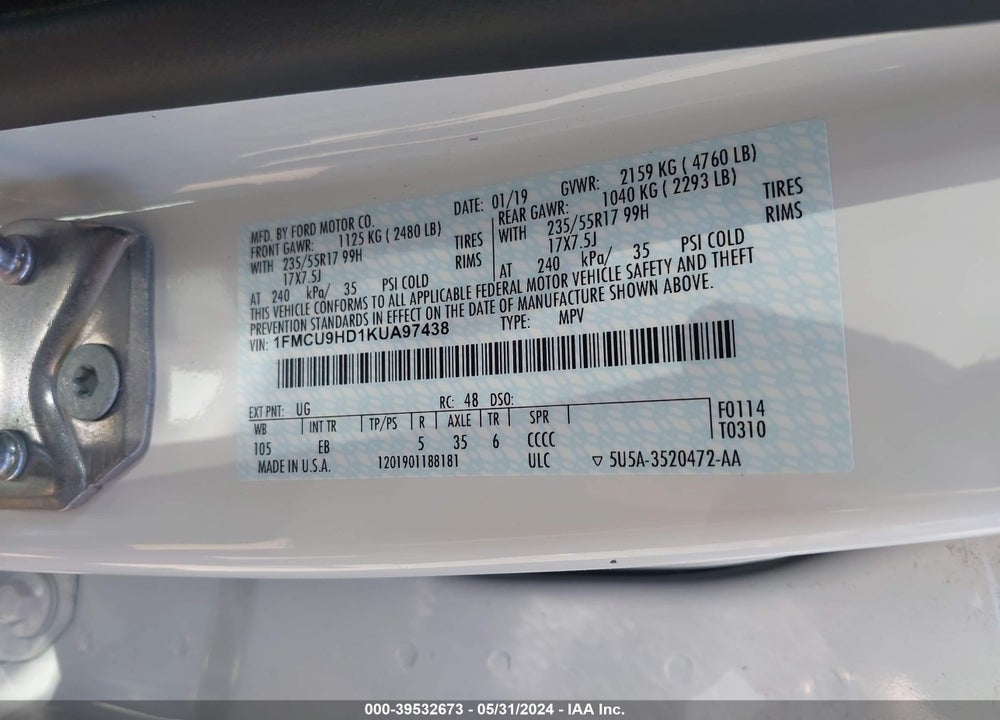 2019 FORD ESCAPE SEL VIN: 1FMCU9HD1KUA97438