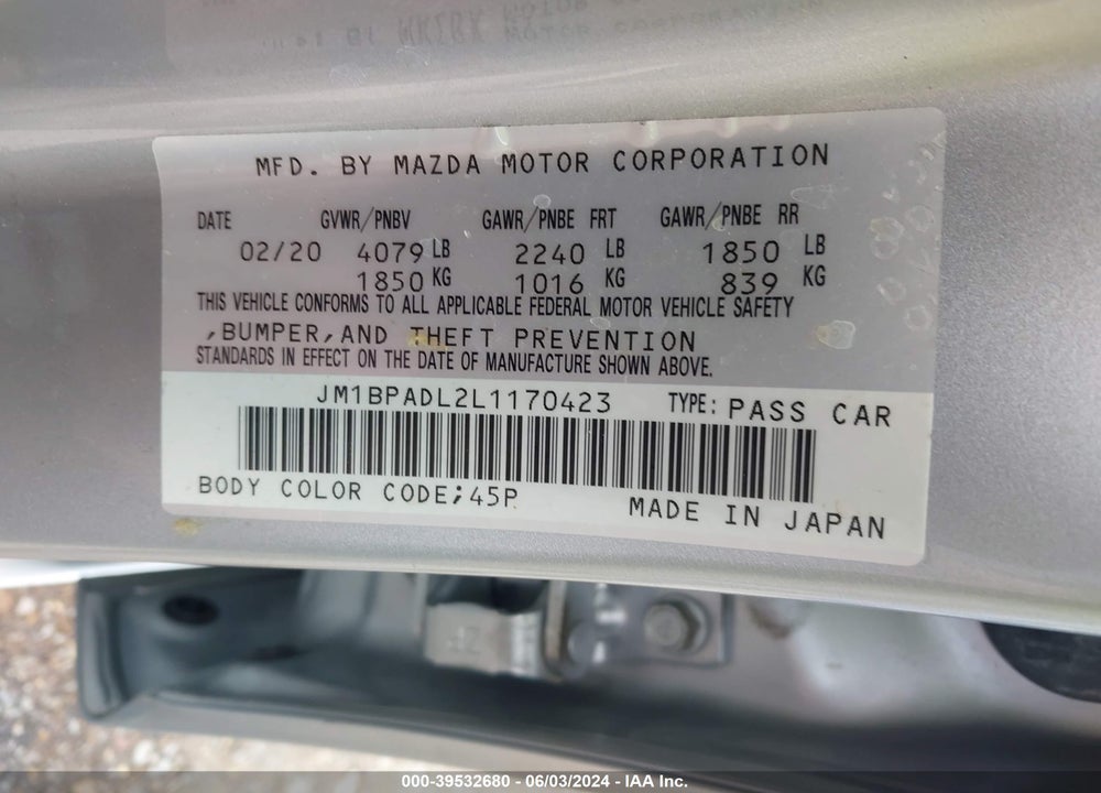 2020 MAZDA 3 PREFERRED PACKAGE VIN: JM1BPADL2L1170423