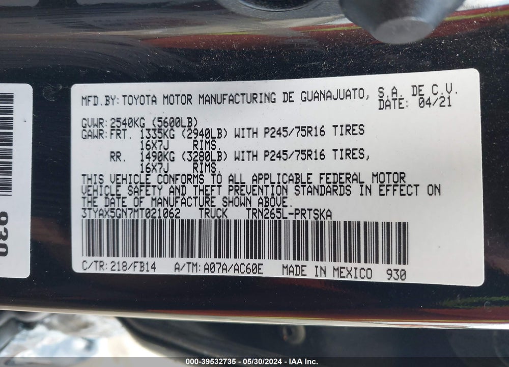 2021 TOYOTA TACOMA SR VIN: 3TYAX5GN7MT021062