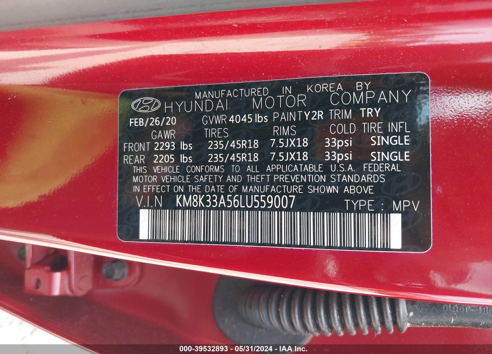 2020 HYUNDAI KONA LIMITED VIN: KM8K33A56LU559007