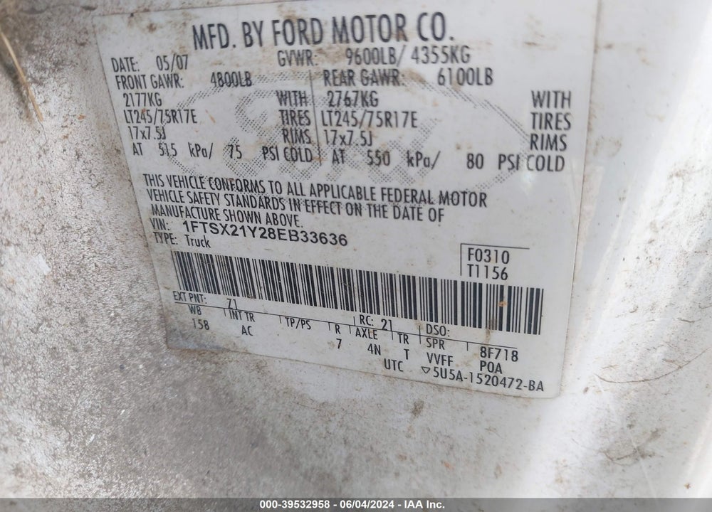 2008 FORD F-250 FX4/LARIAT/XL/XLT VIN: 1FTSX21Y28EB33636