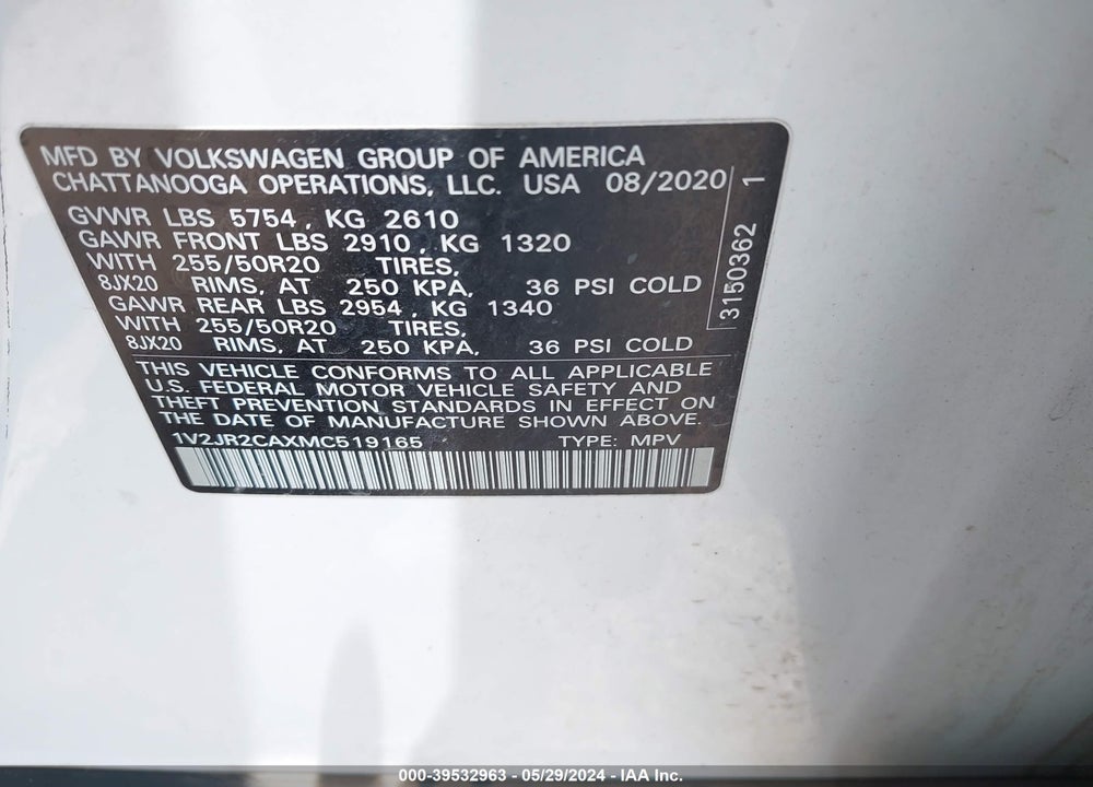 2021 VOLKSWAGEN ATLAS 3.6L V6 SE W/TECHNOLOGY VIN: 1V2JR2CAXMC519165