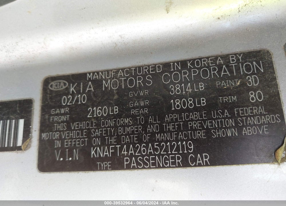 2010 KIA FORTE LX VIN: KNAFT4A26A5212119