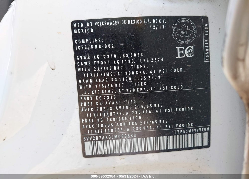 2018 VOLKSWAGEN TIGUAN 2.0T SE/2.0T SEL VIN: 3VV2B7AX3JM089683
