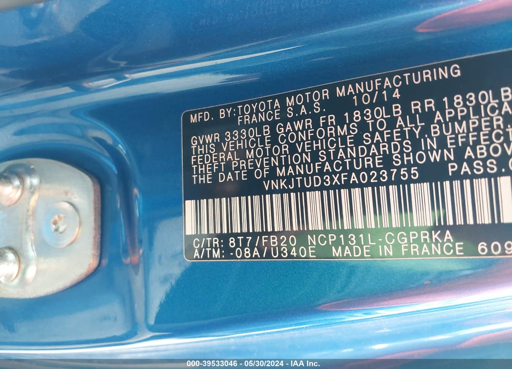2015 TOYOTA YARIS LE VIN: VNKJTUD3XFA023755