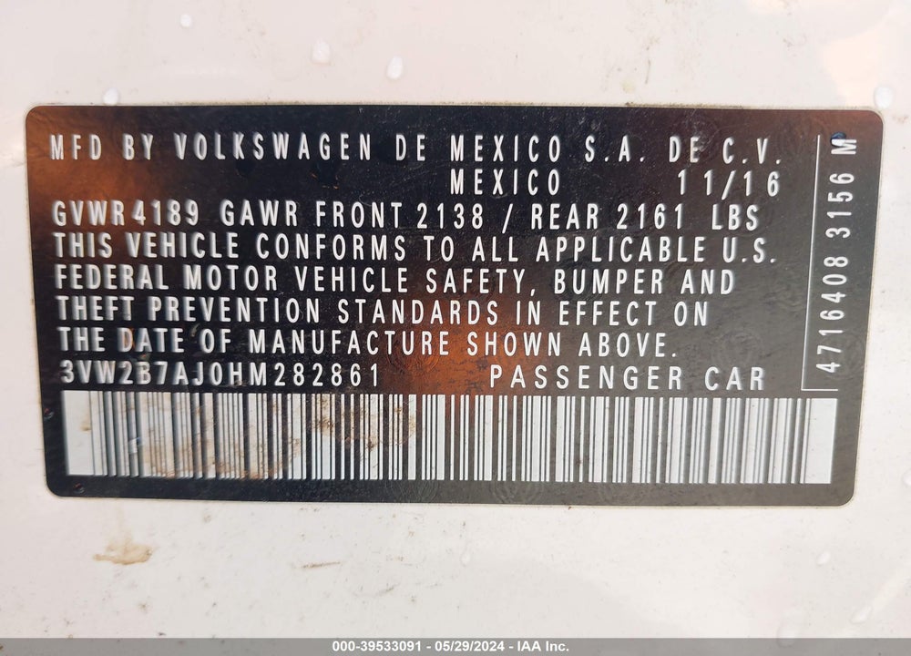 2017 VOLKSWAGEN JETTA 1.4T S VIN: 3VW2B7AJ0HM282861