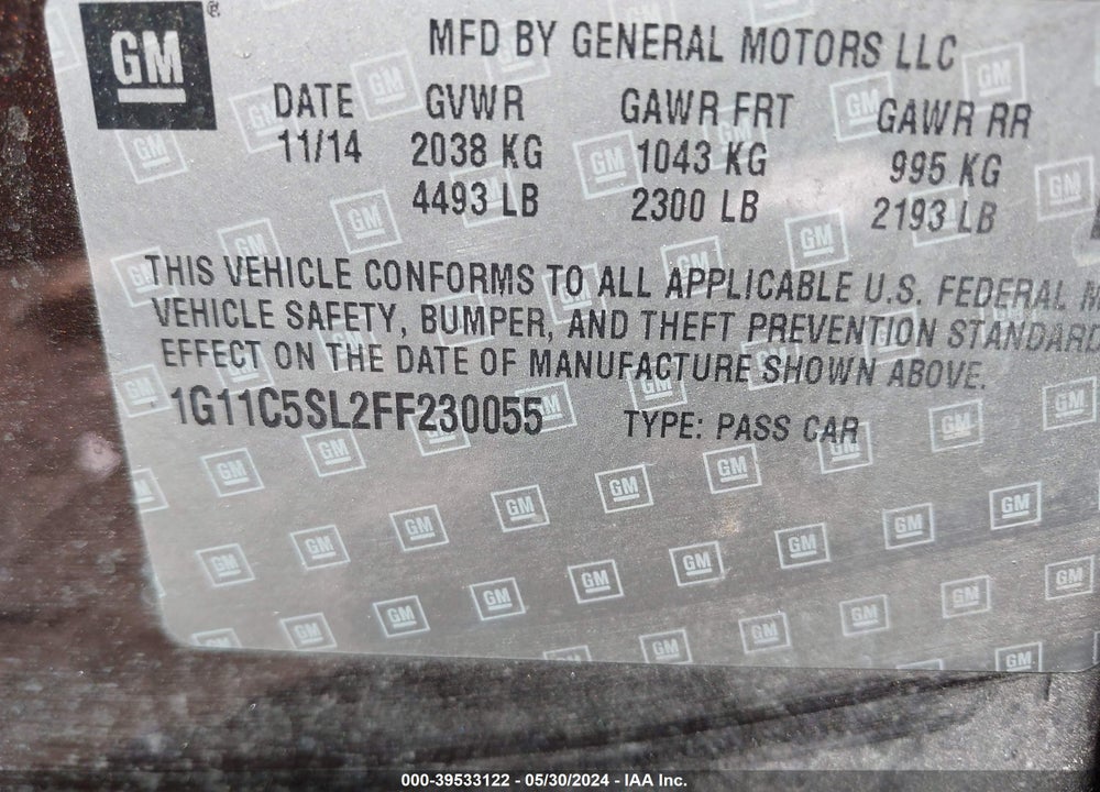 2015 CHEVROLET MALIBU 1LT VIN: 1G11C5SL2FF230055