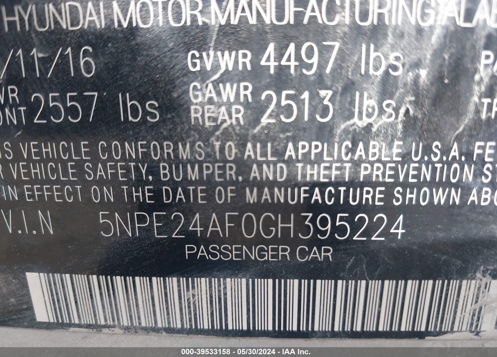 2016 HYUNDAI SONATA VIN: 5NPE24AF0GH395224