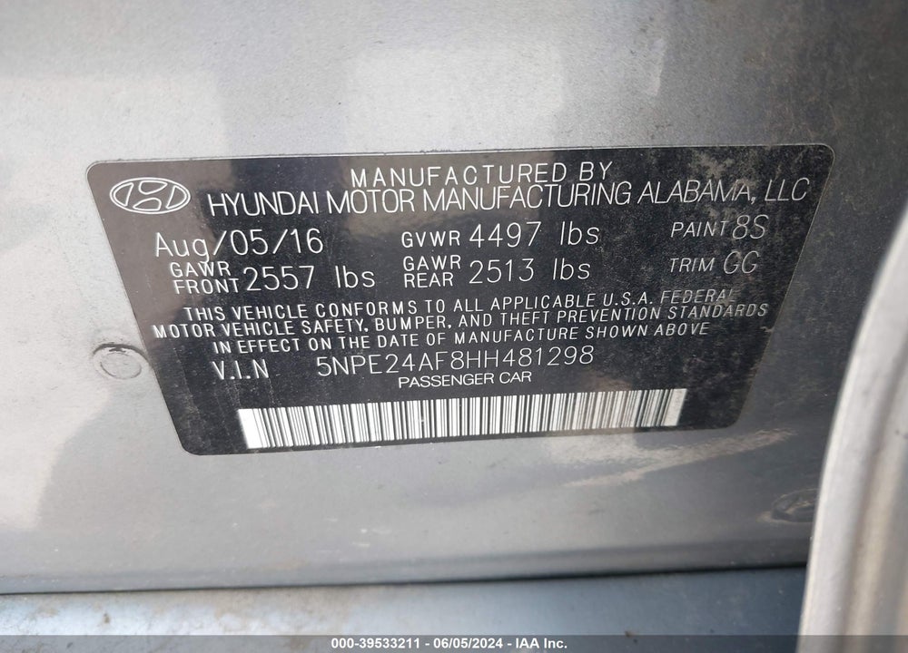 2017 HYUNDAI SONATA SE VIN: 5NPE24AF8HH481298