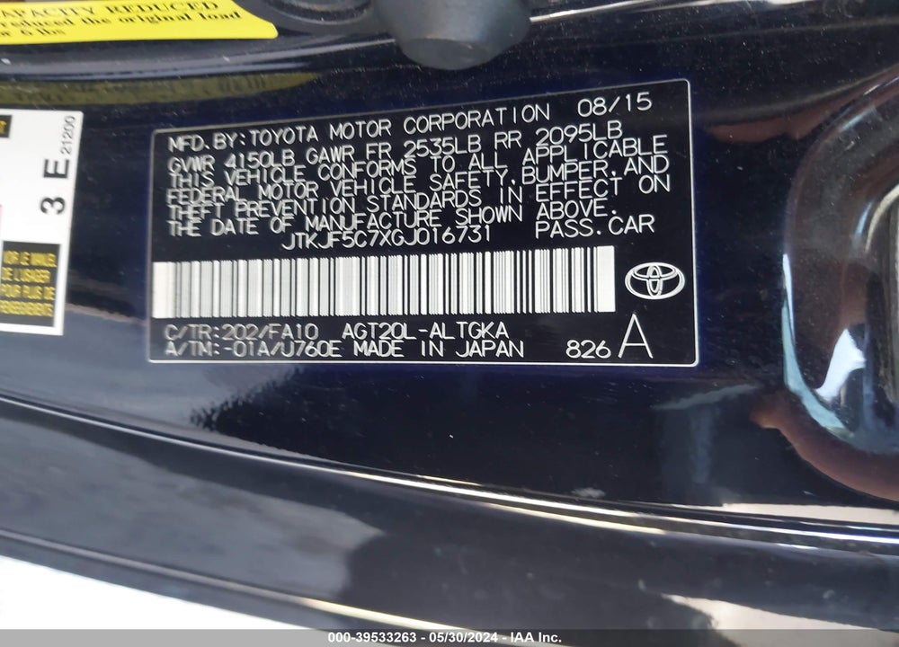 2016 SCION TC VIN: JTKJF5C7XGJ016731