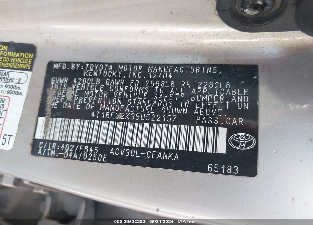 2005 TOYOTA CAMRY STD/ VIN: 4T1BE32K35U522157