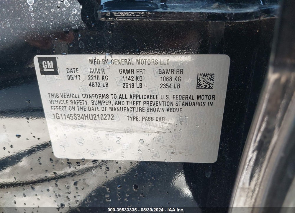 2017 CHEVROLET IMPALA 2LZ VIN: 1G1145S34HU210272