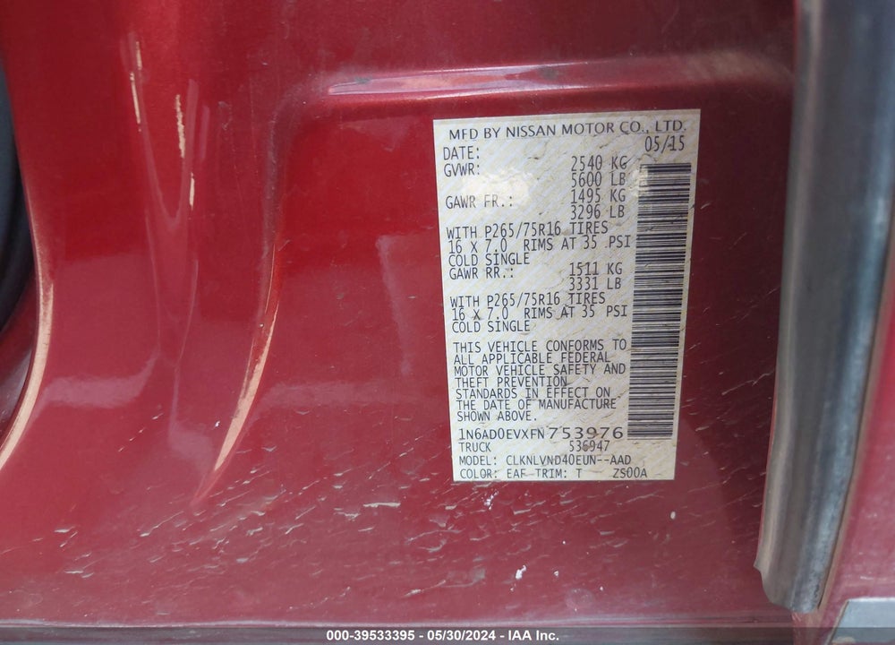2015 NISSAN FRONTIER PRO-4X VIN: 1N6AD0EVXFN753976