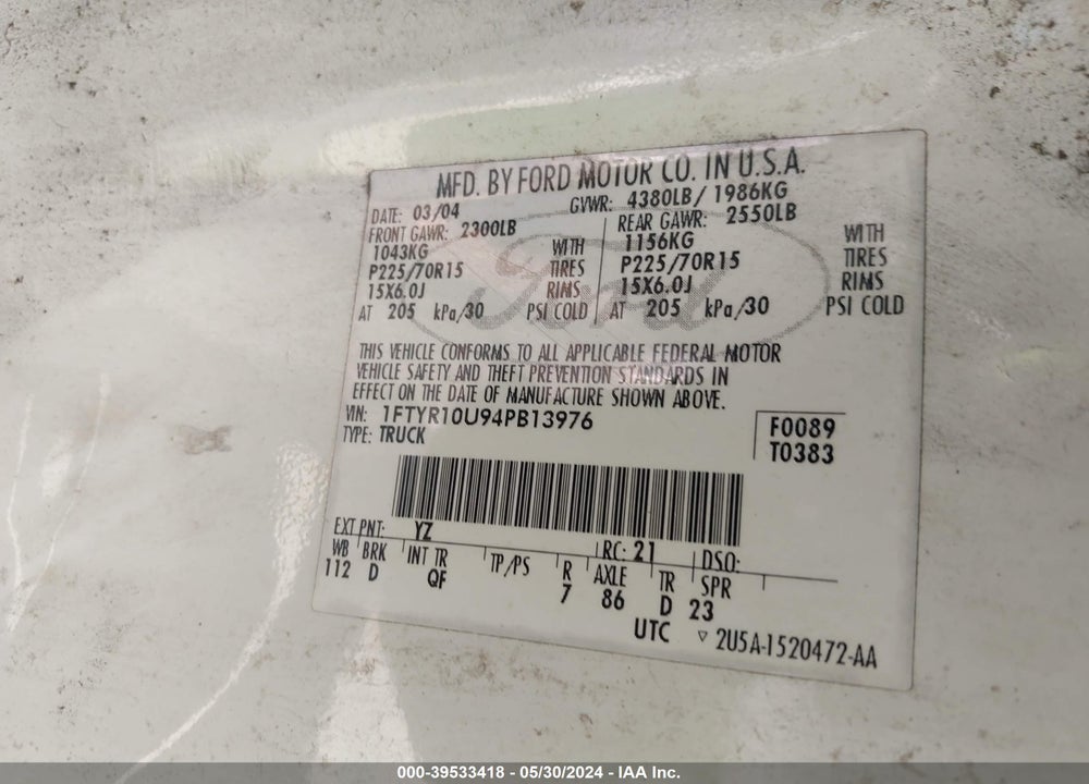 2004 FORD RANGER EDGE/XL/XLT VIN: 1FTYR10U94PB13976