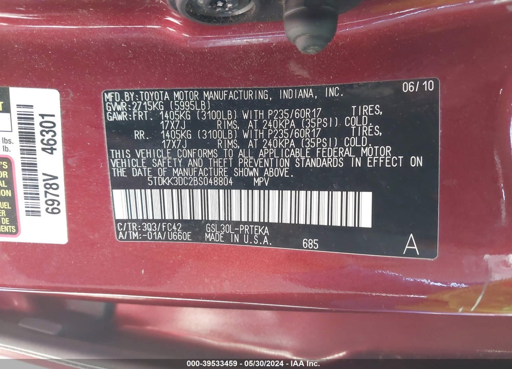2011 TOYOTA SIENNA LE V6 VIN: 5TDKK3DC2BS048804