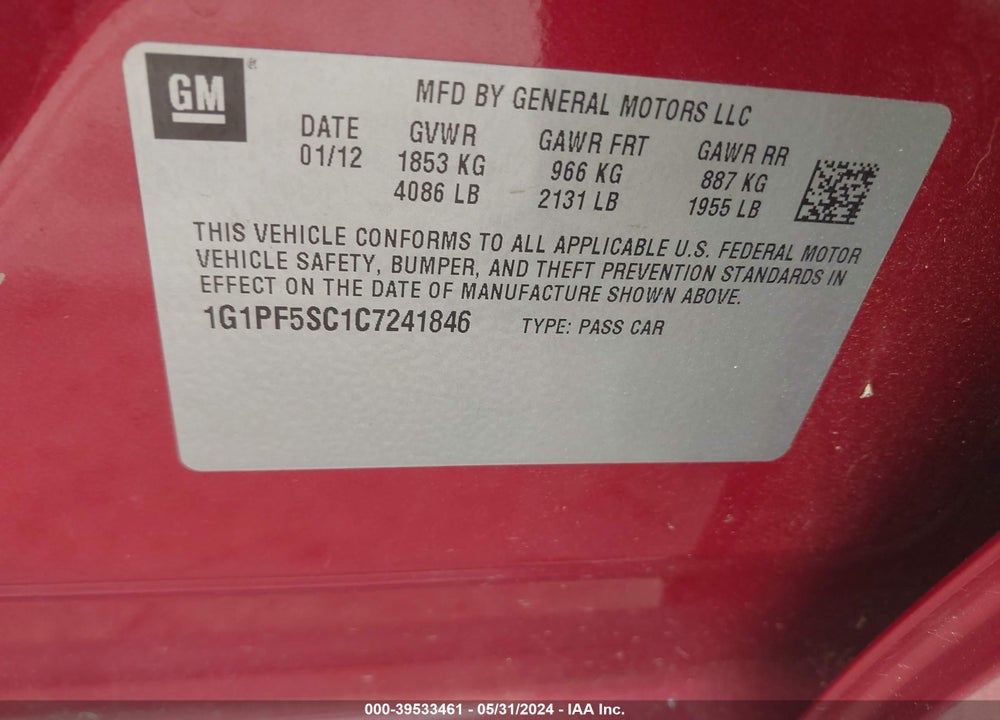 2012 CHEVROLET CRUZE 1LT VIN: 1G1PF5SC1C7241846