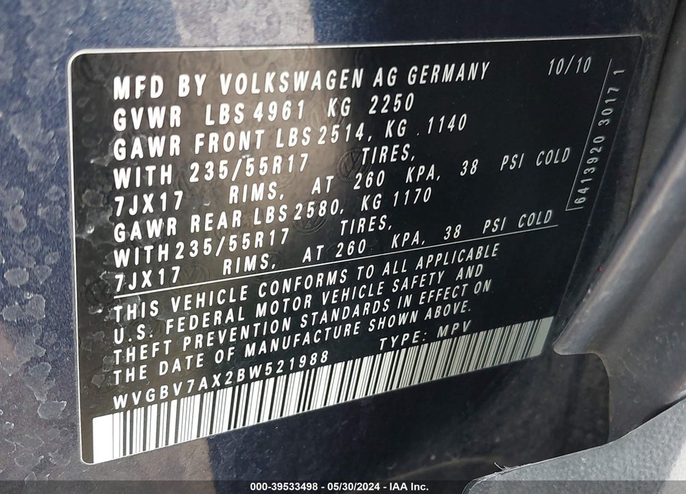 2011 VOLKSWAGEN TIGUAN SE VIN: WVGBV7AX2BW521988