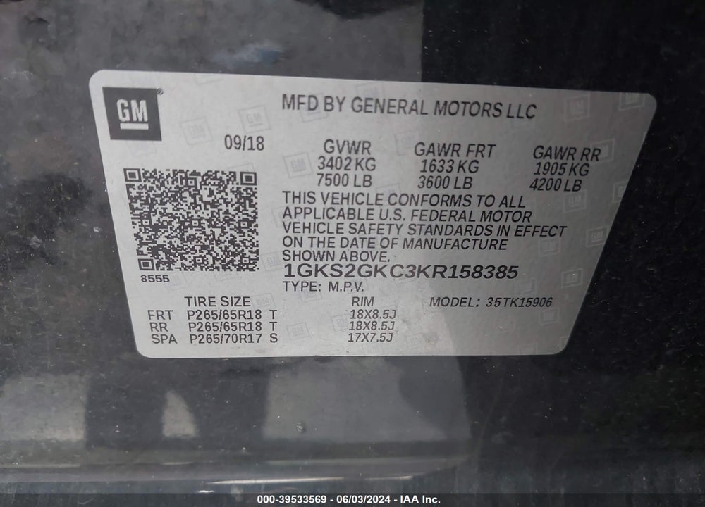 2019 GMC YUKON XL SLT VIN: 1GKS2GKC3KR158385