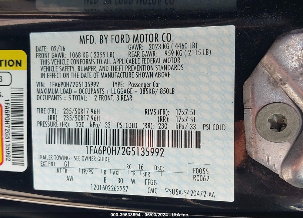 2016 FORD FUSION SE VIN: 1FA6P0H72G5135992