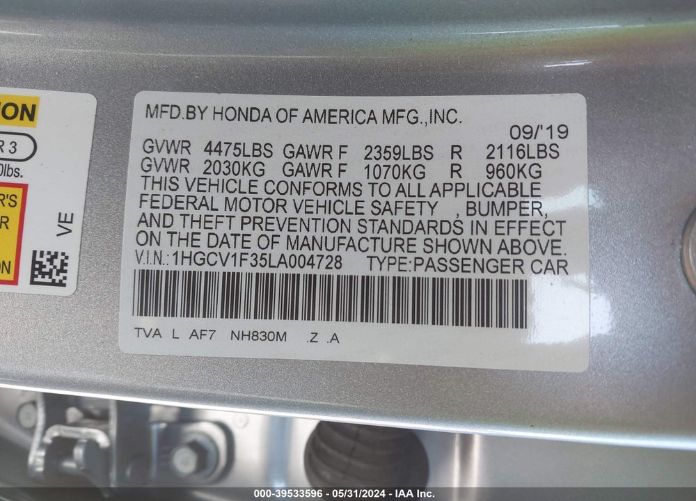 2020 HONDA ACCORD SPORT VIN: 1HGCV1F35LA004728