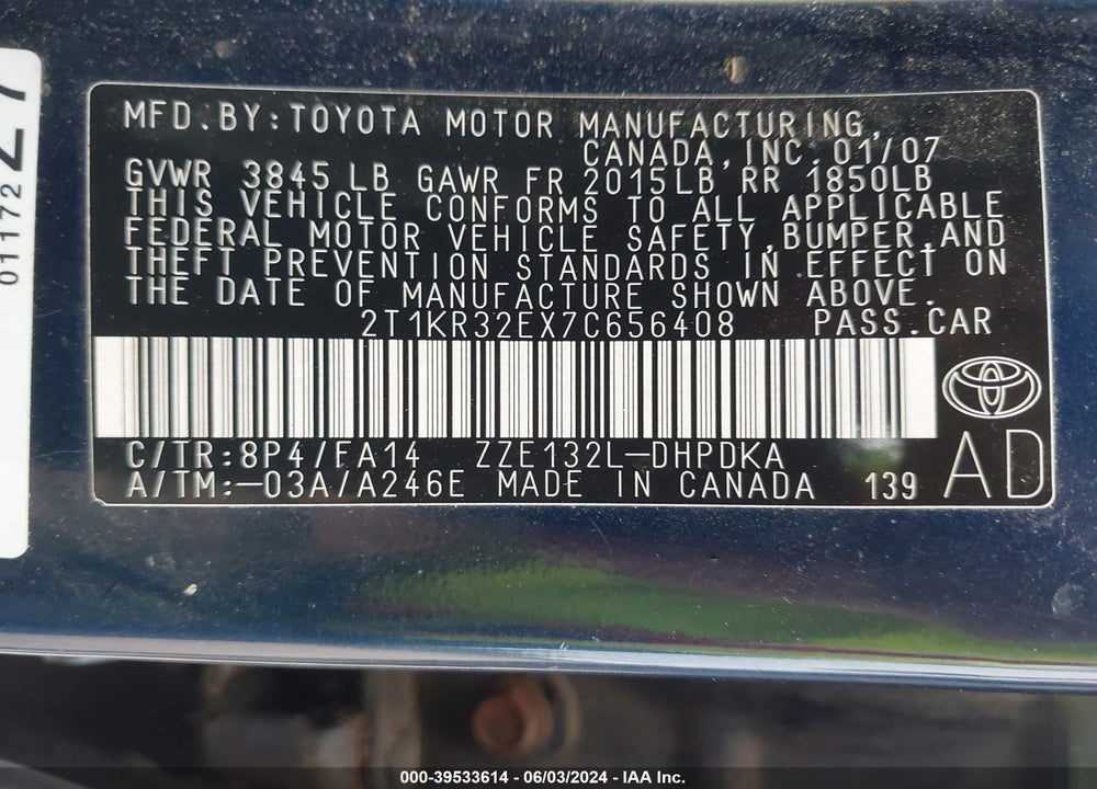 2007 TOYOTA MATRIX VIN: 2T1KR32EX7C656408