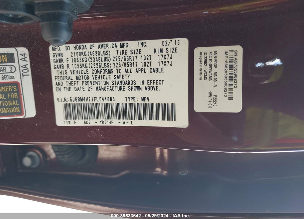 2015 HONDA CR-V EX-L VIN: 5J6RM4H71FL044885