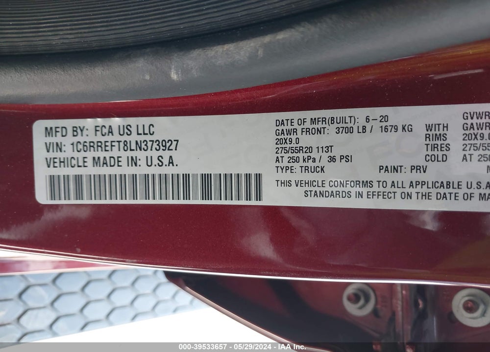 2020 RAM 1500 LONE STAR 4X2 5'7 BOX VIN: 1C6RREFT8LN373927