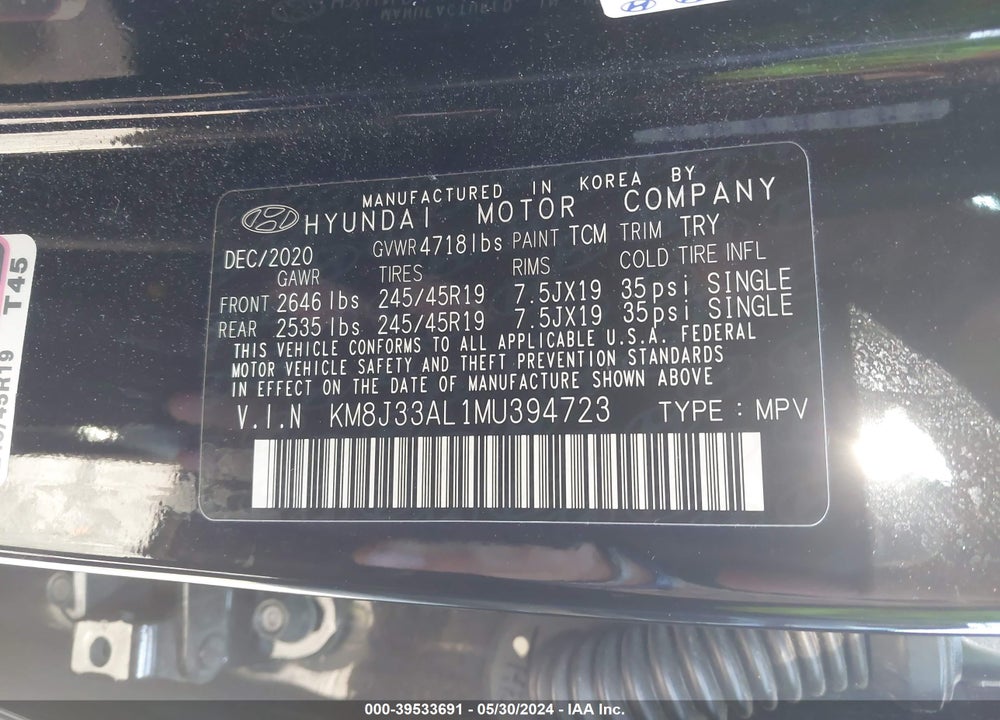 2021 HYUNDAI TUCSON SPORT VIN: KM8J33AL1MU394723
