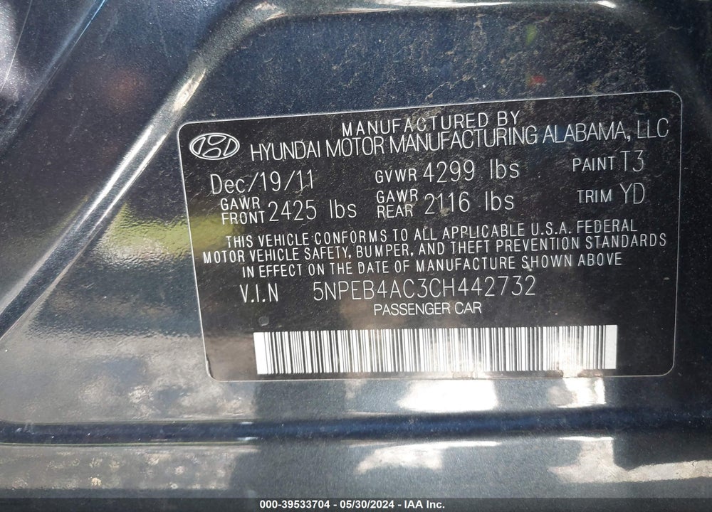 2012 HYUNDAI SONATA GLS VIN: 5NPEB4AC3CH442732