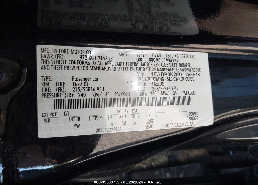 2016 FORD FOCUS SE VIN: 1FADP3K29GL263518