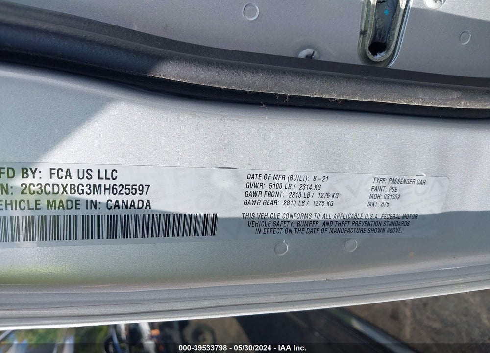 2021 DODGE CHARGER SXT RWD VIN: 2C3CDXBG3MH625597