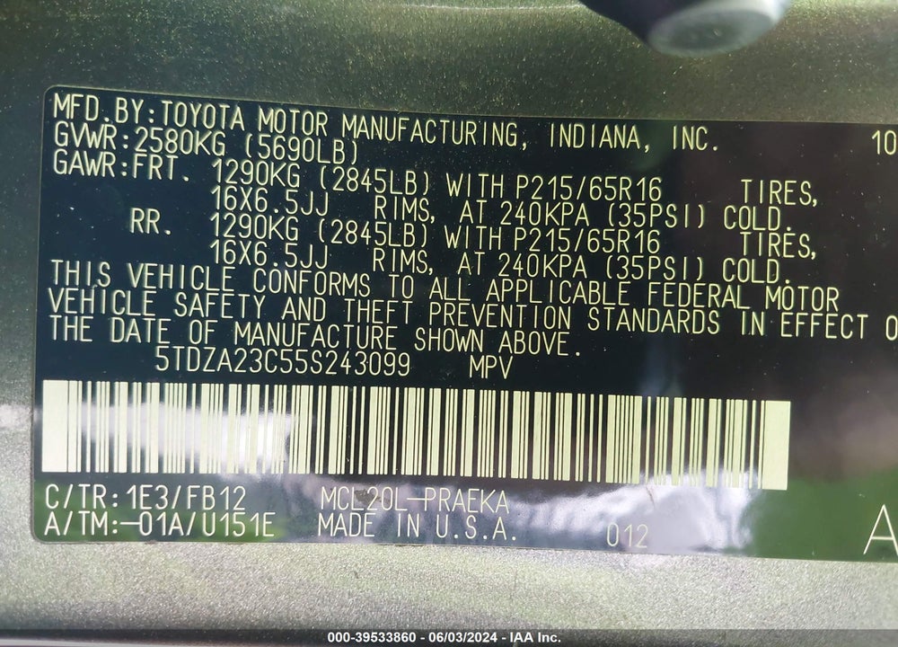 2005 TOYOTA SIENNA LE VIN: 5TDZA23C55S243099
