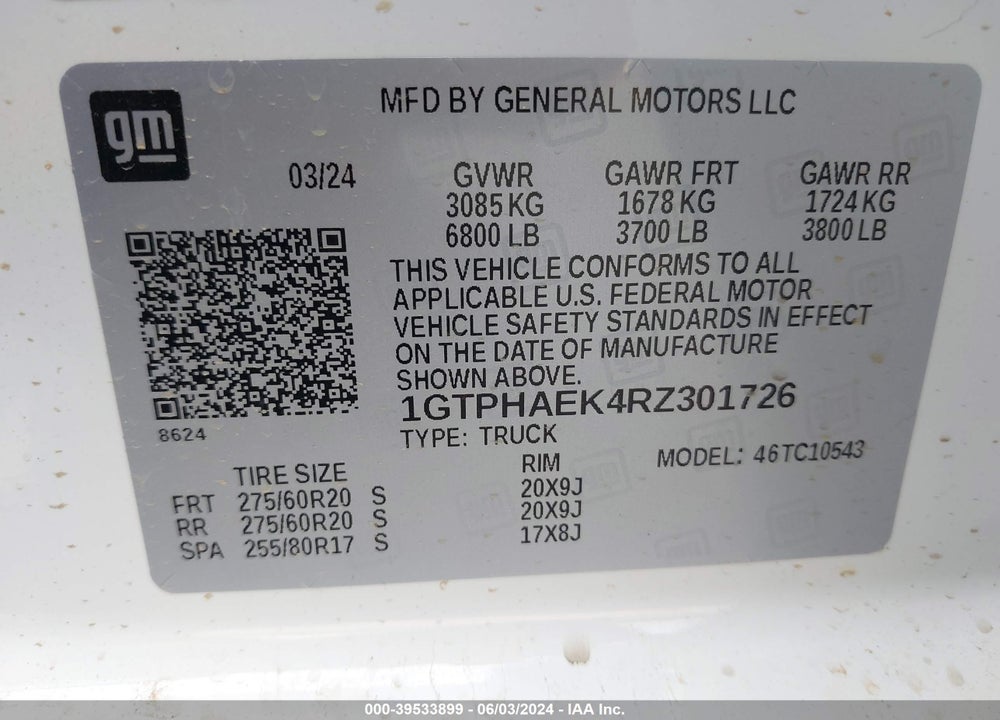 2024 GMC SIERRA 1500 PRO VIN: 1GTPHAEK4RZ301726