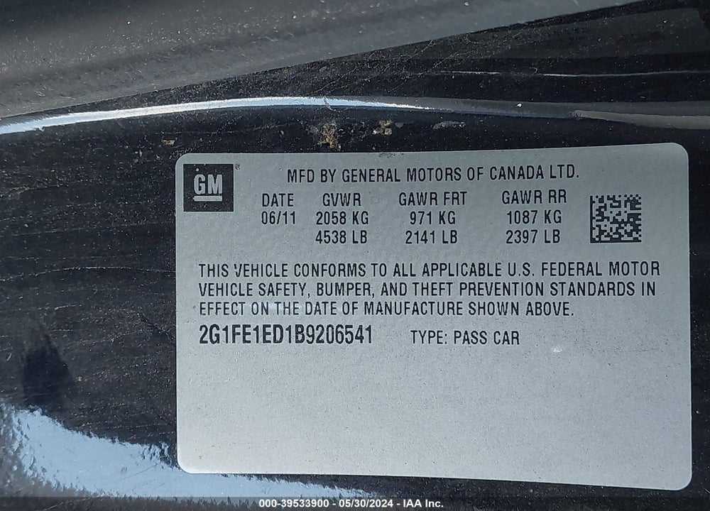 2011 CHEVROLET CAMARO 1LS VIN: 2G1FE1ED1B9206541